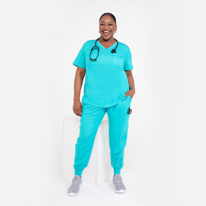 CopperActive™ Scrub Teal Set: Women’s V-neck Top & Jogger Pants